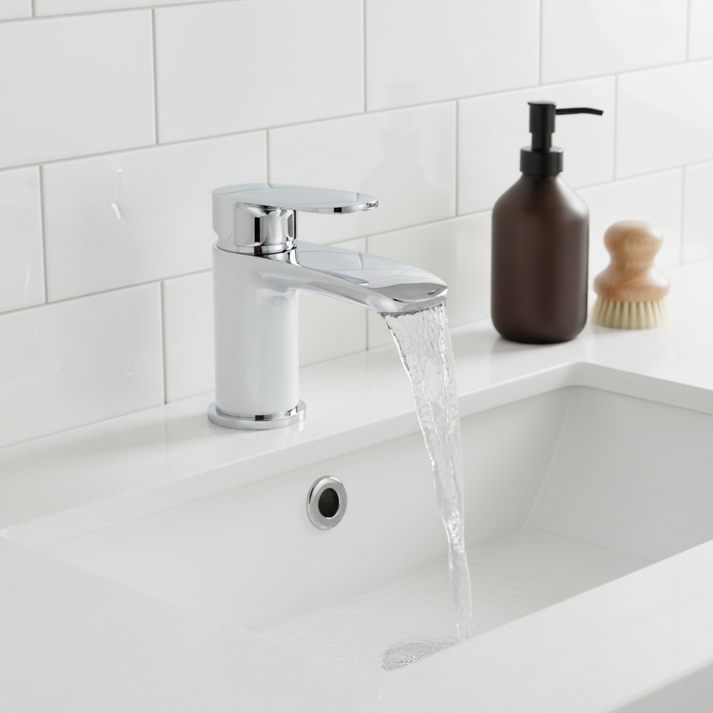 Chrome and white waterfall tap with flowing water in modern bathroom