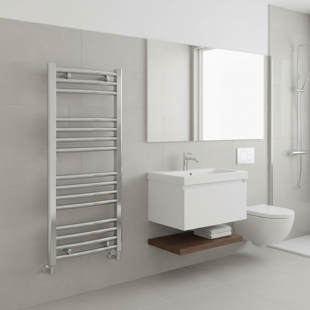 Chrome curved towel rail in new bathroom setting