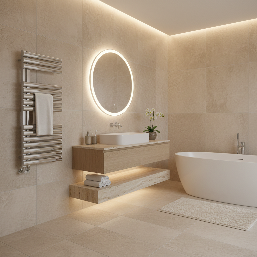 Chrome designer radiator in bathroom setting