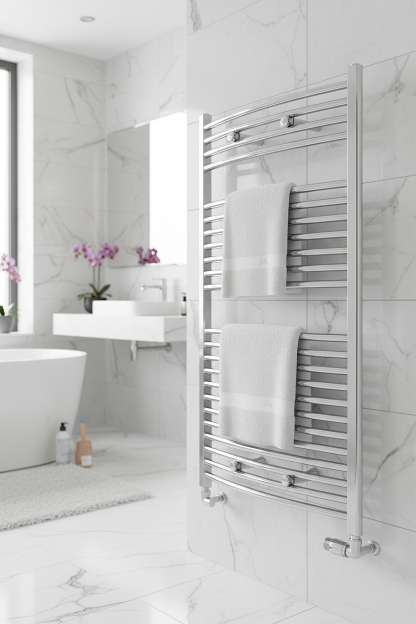 Chrome heated towel rail in luxury bathroom