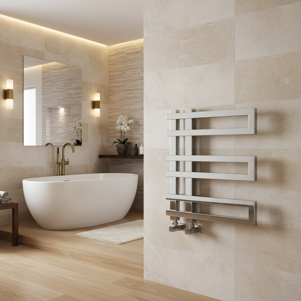 Chrome horizontal radiator in bathroom setting