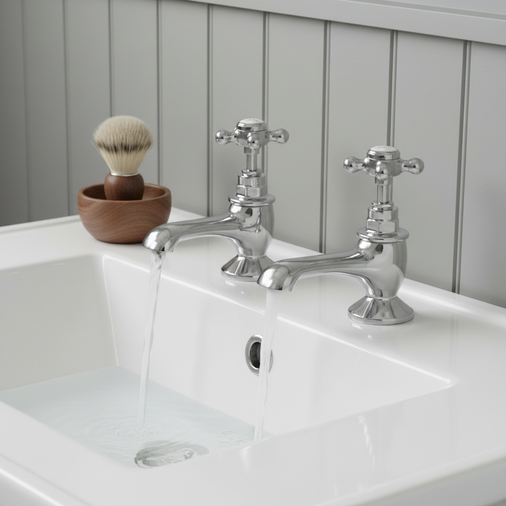 Chrome pillar taps with flowing water in traditional bathroom