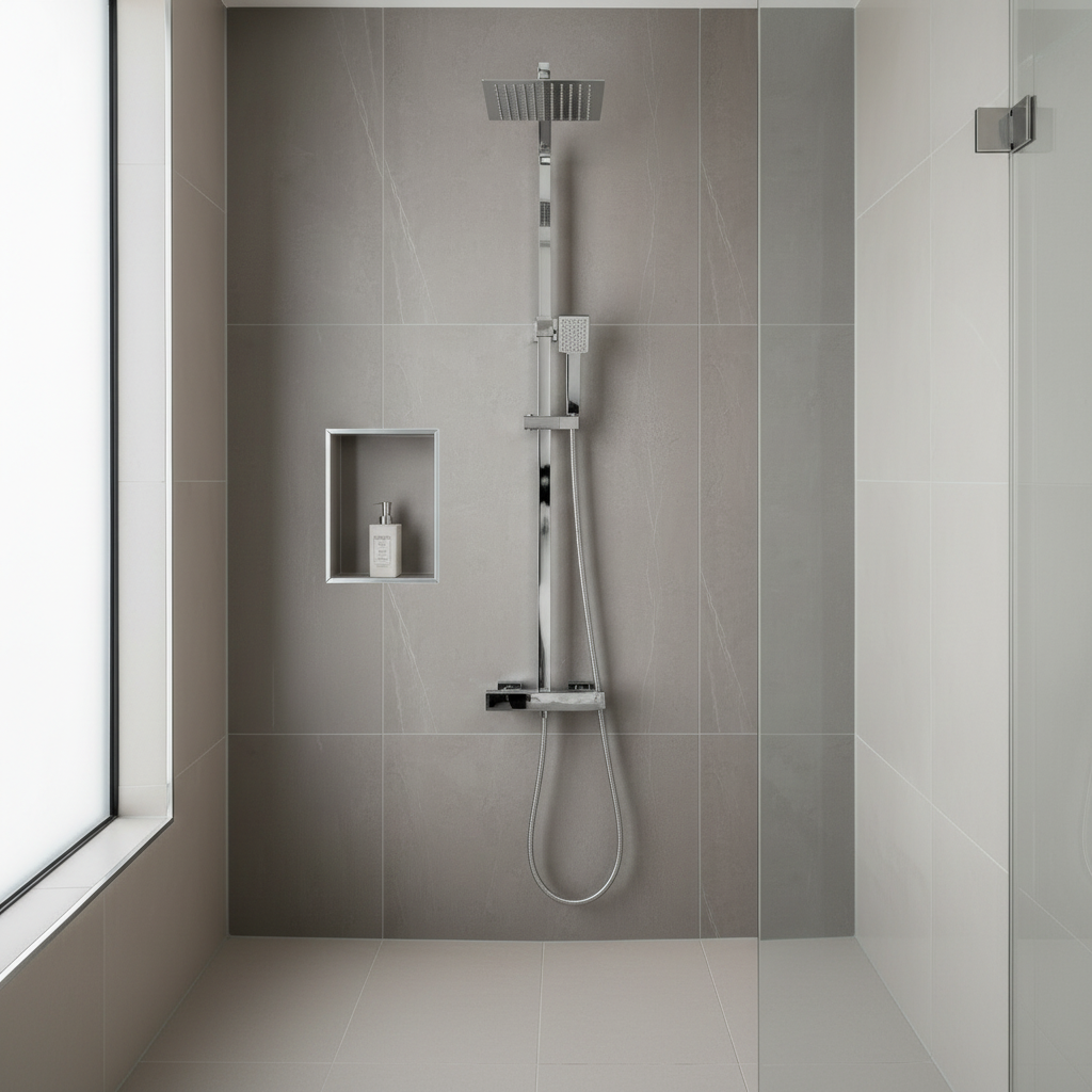 Chrome shower system in grey bathroom - square format
