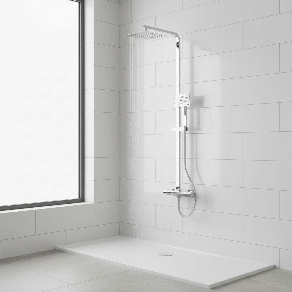 Chrome shower system in modern bathroom setting
