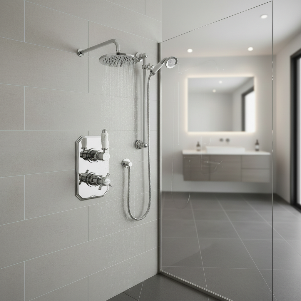 Chrome shower system in modern bathroom - square format