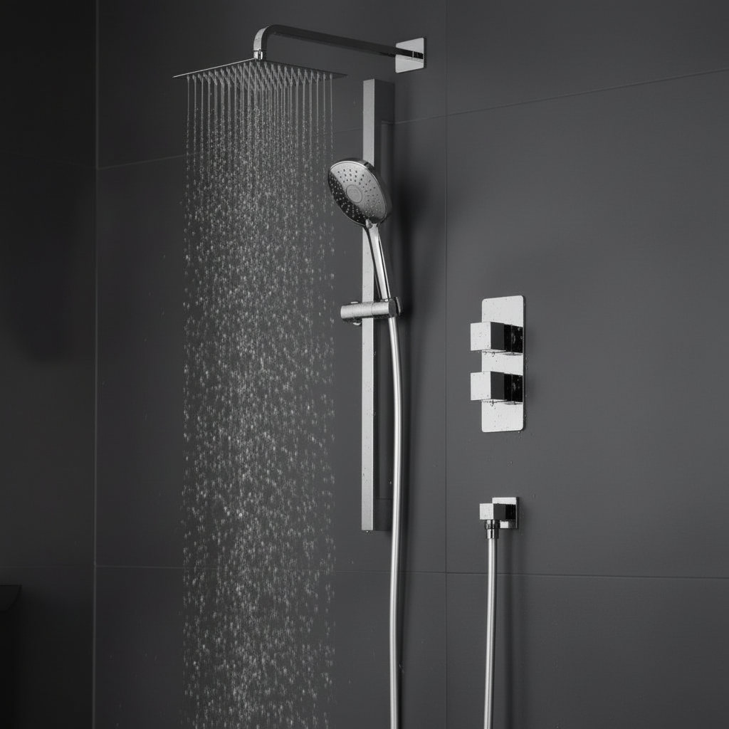 Chrome shower system with original valves in modern bathroom - square format