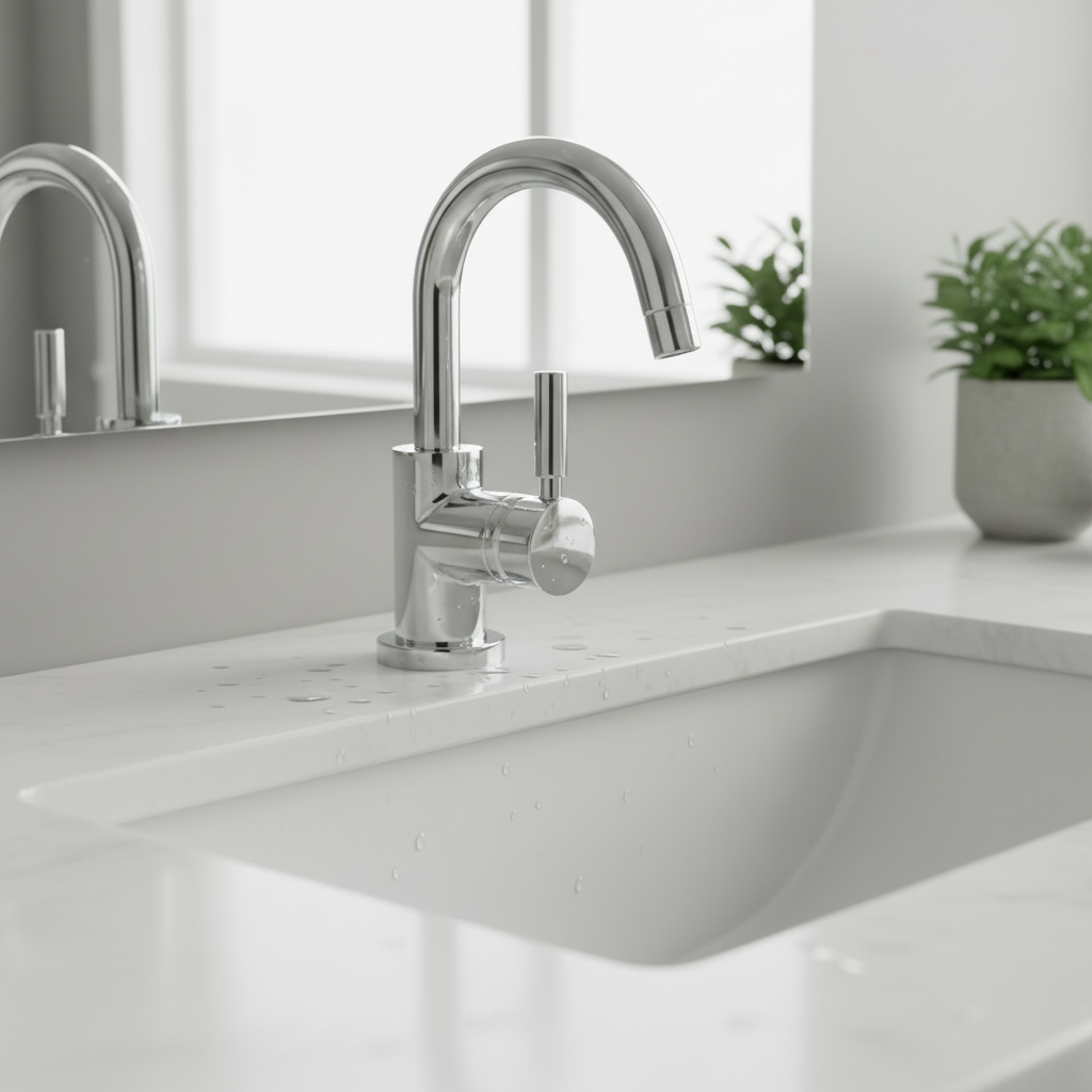 Chrome tap in bathroom setting - square format