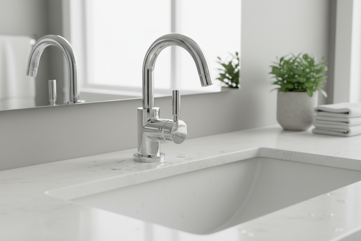 Chrome tap in bathroom setting