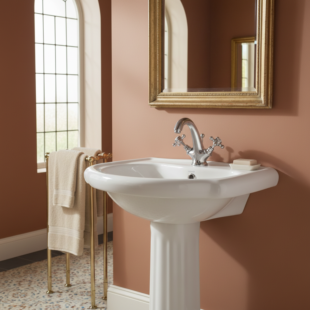 Chrome tap on traditional basin with terracotta walls