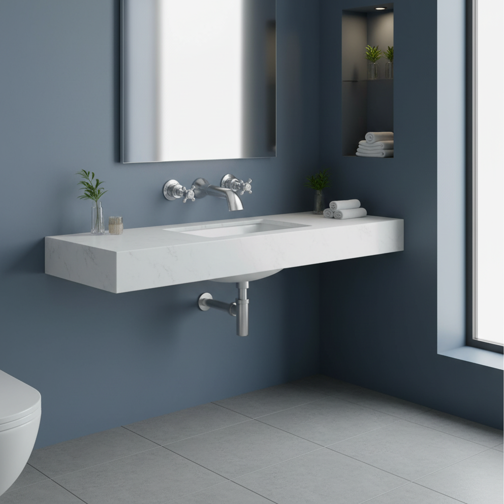 Chrome tap set in blue bathroom