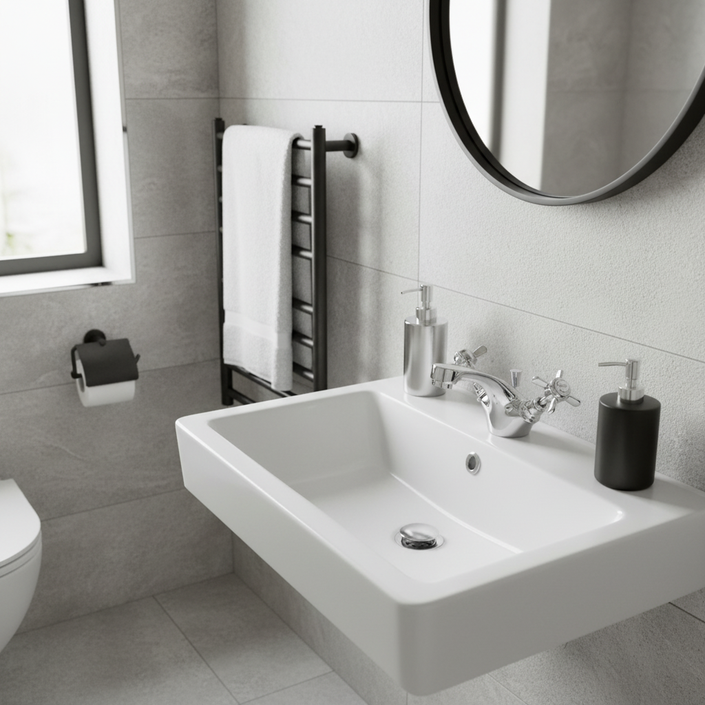 Chrome tap with chrome and matte black bathroom features
