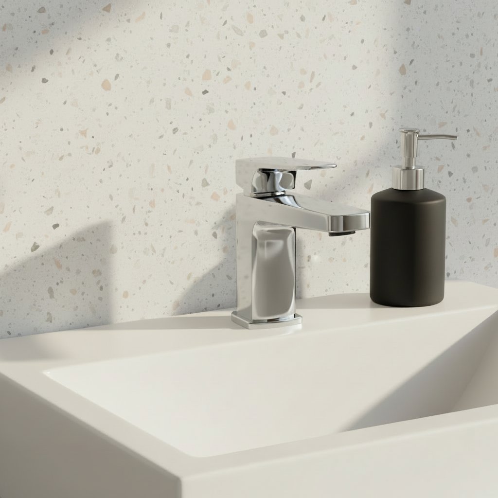 Chrome tap with empty vase