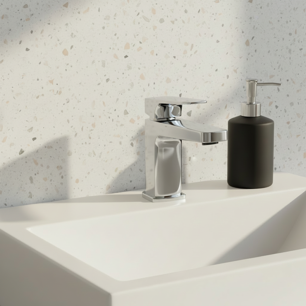 Chrome tap with empty vase