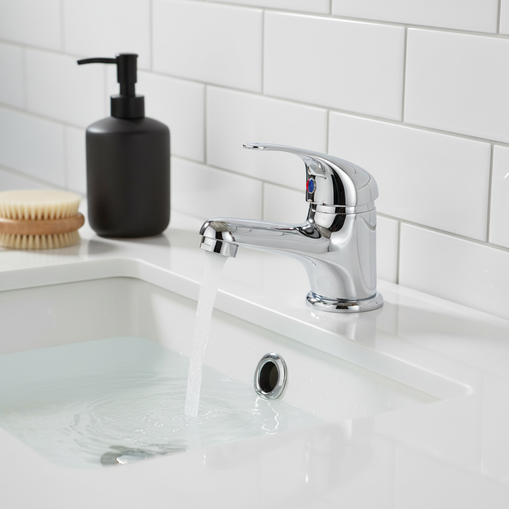 Chrome tap with flowing water in modern bathroom