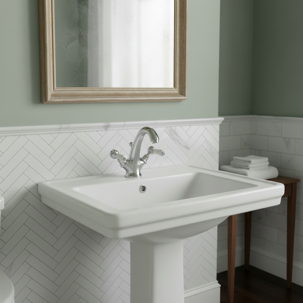 Chrome tap with herringbone tiles