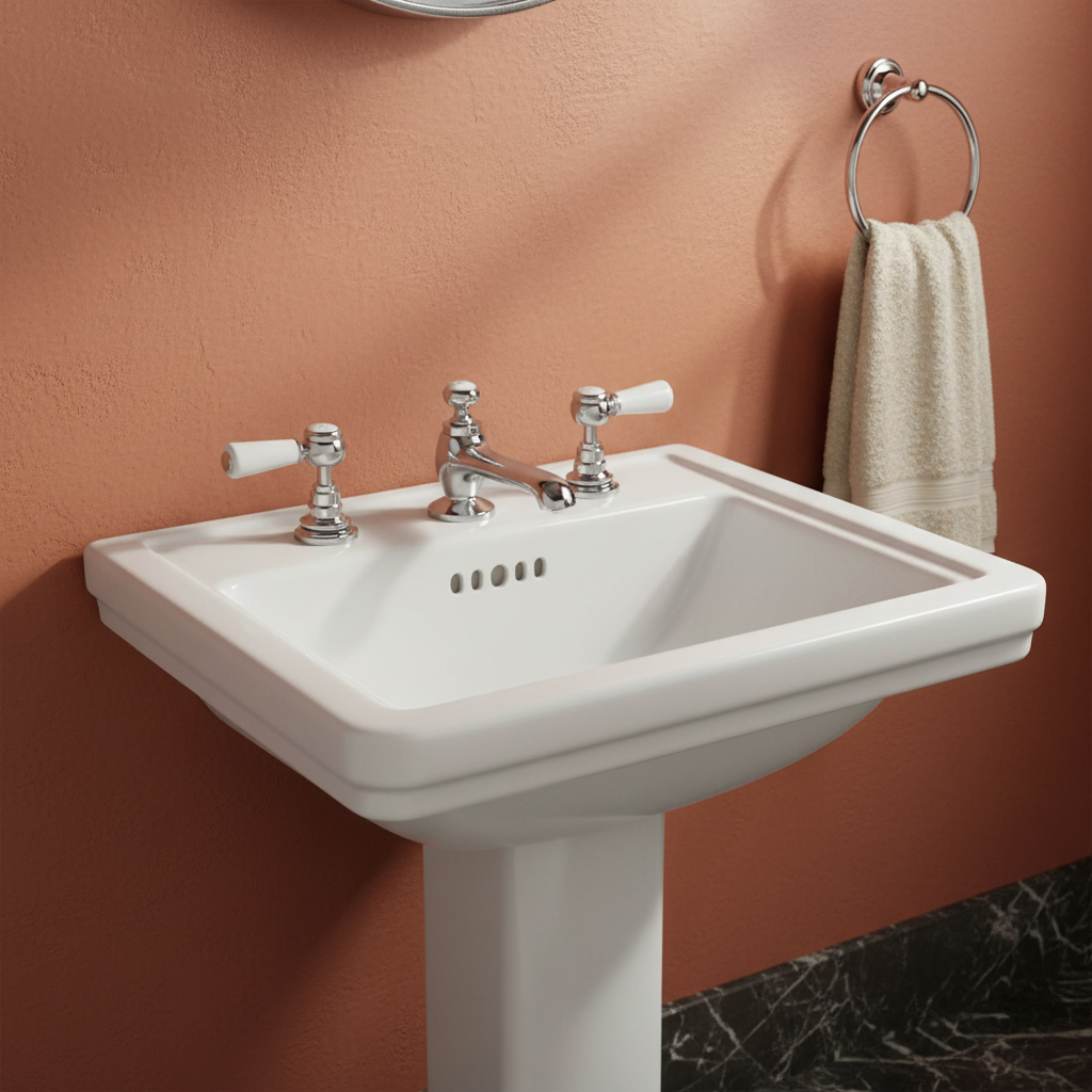 Chrome three-hole tap set with terracotta wall