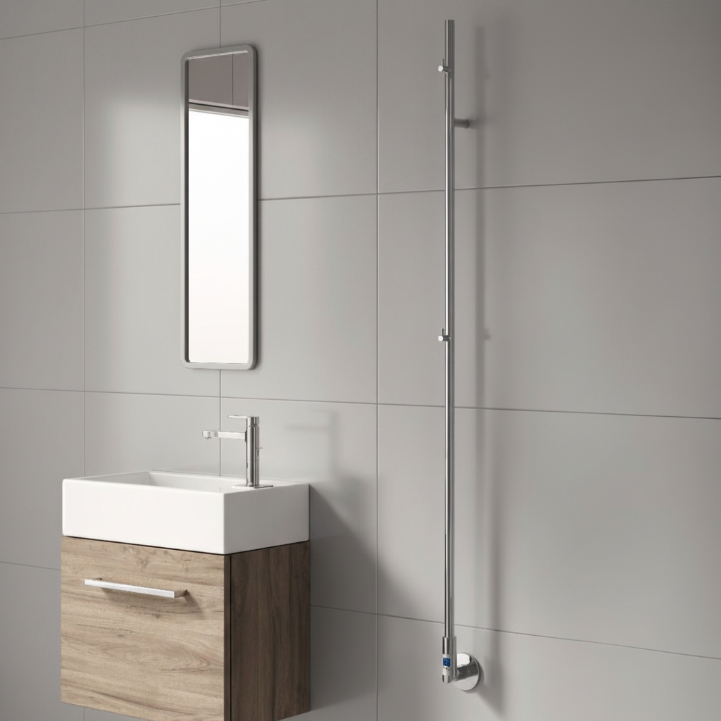 Chrome towel rail in minimalist bathroom scene