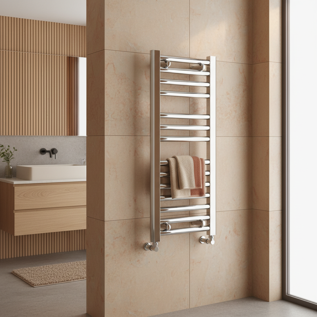 Chrome towel rail in modern warm bathroom