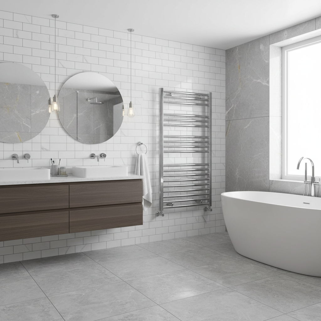 Chrome towel rail in new bathroom setting