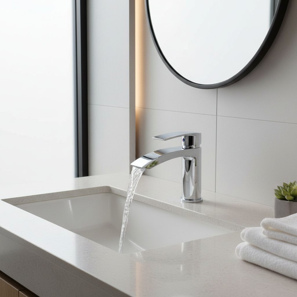 Chrome waterfall tap on basin