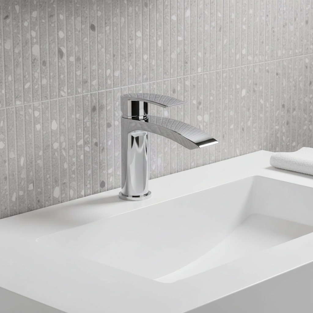 Chrome waterfall tap on dry basin