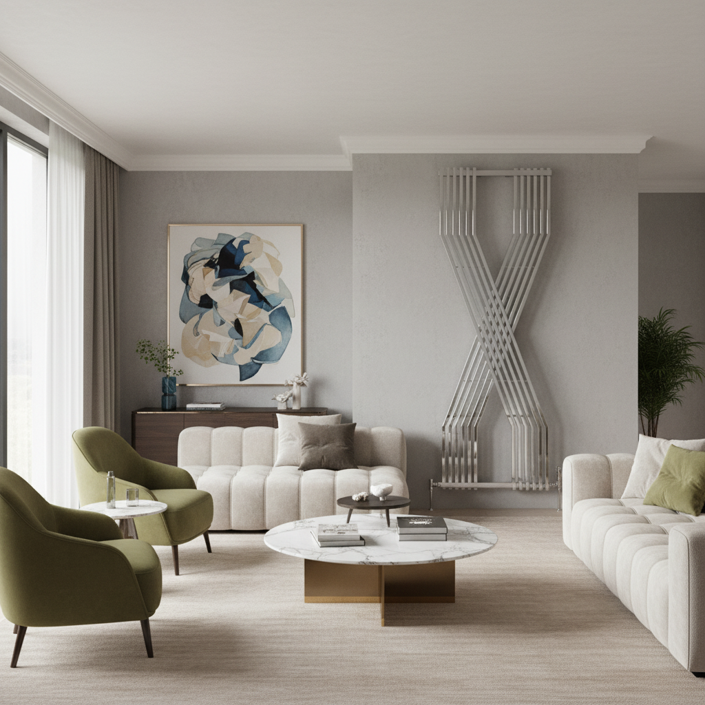 Chrome X-shaped designer radiator in stylish living room