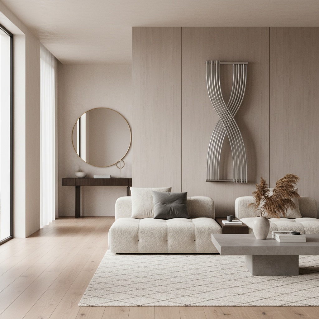 Chrome X-shaped designer radiator in stylish room