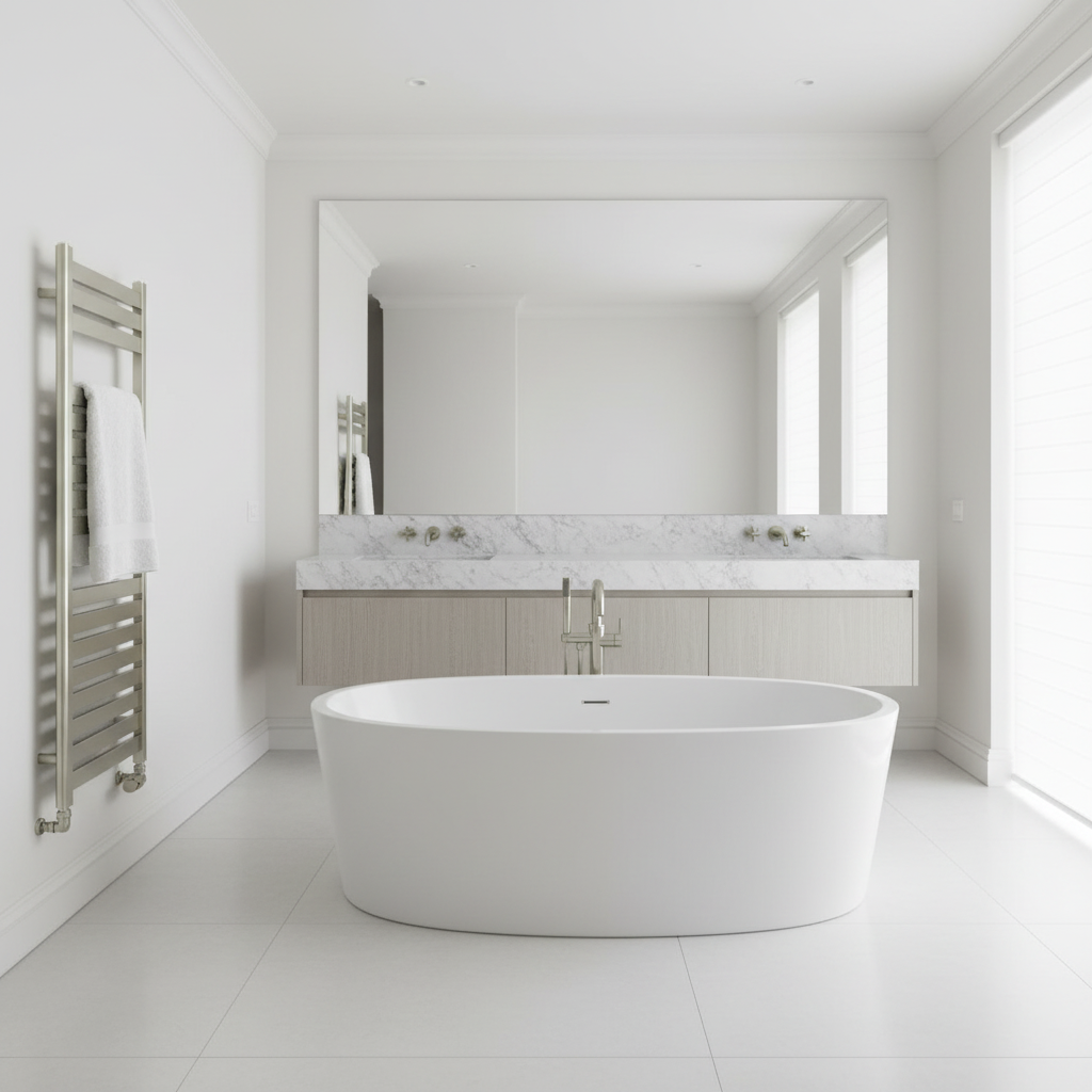 Clean luxury bathroom with brushed nickel towel radiator