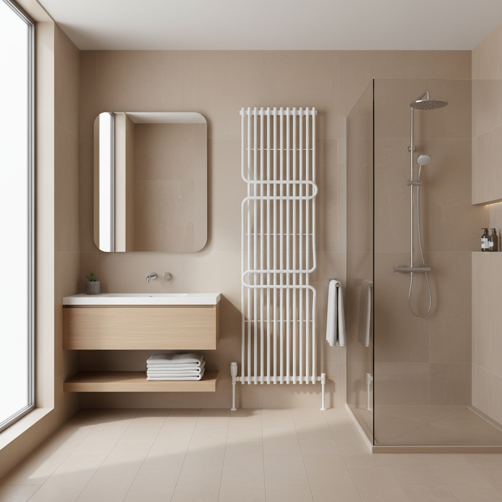 Clear modern bathroom with white vertical radiator - warm tones