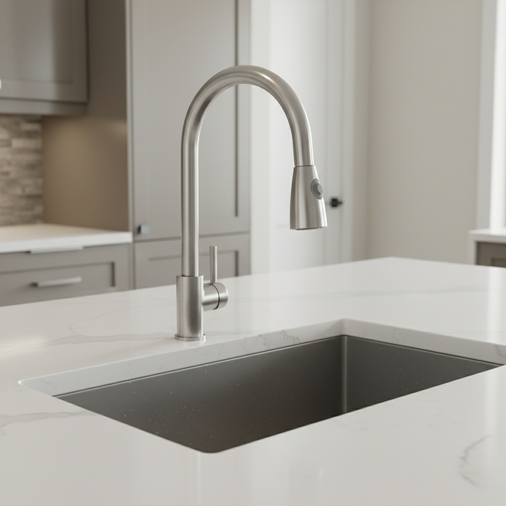 Close-up brushed steel tap in stylish kitchen