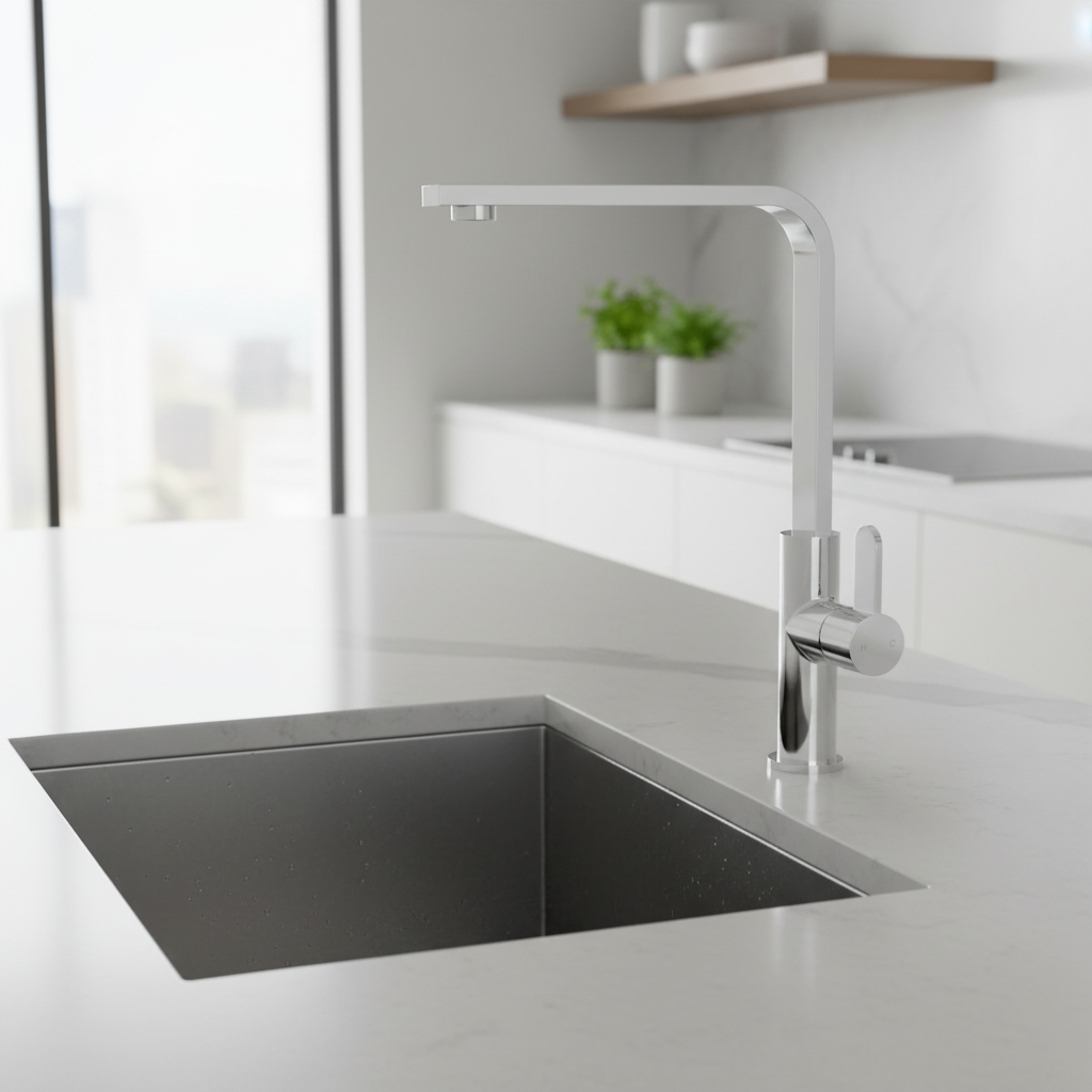 Close-up chrome kitchen tap in modern setting