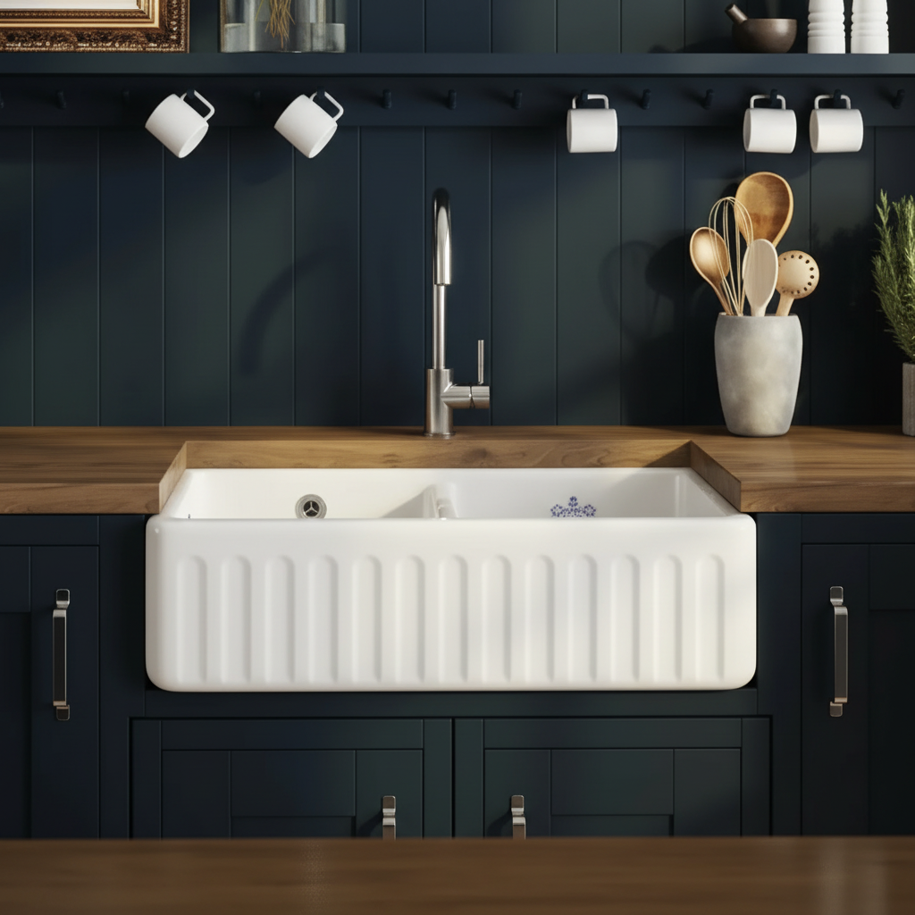 BC Designs Sanitan Double Bowl Fluted Fireclay Butler Sink 2 Tap Holes ...