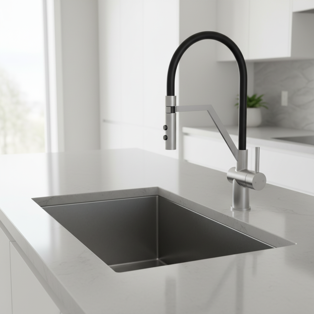 Close-up of brushed steel kitchen tap in modern setting