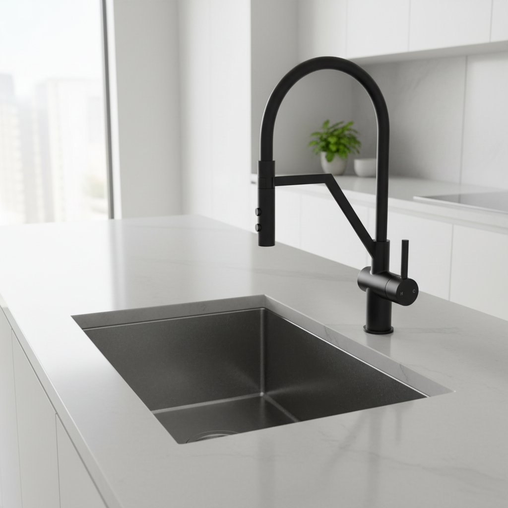 Close-up of matte black kitchen tap