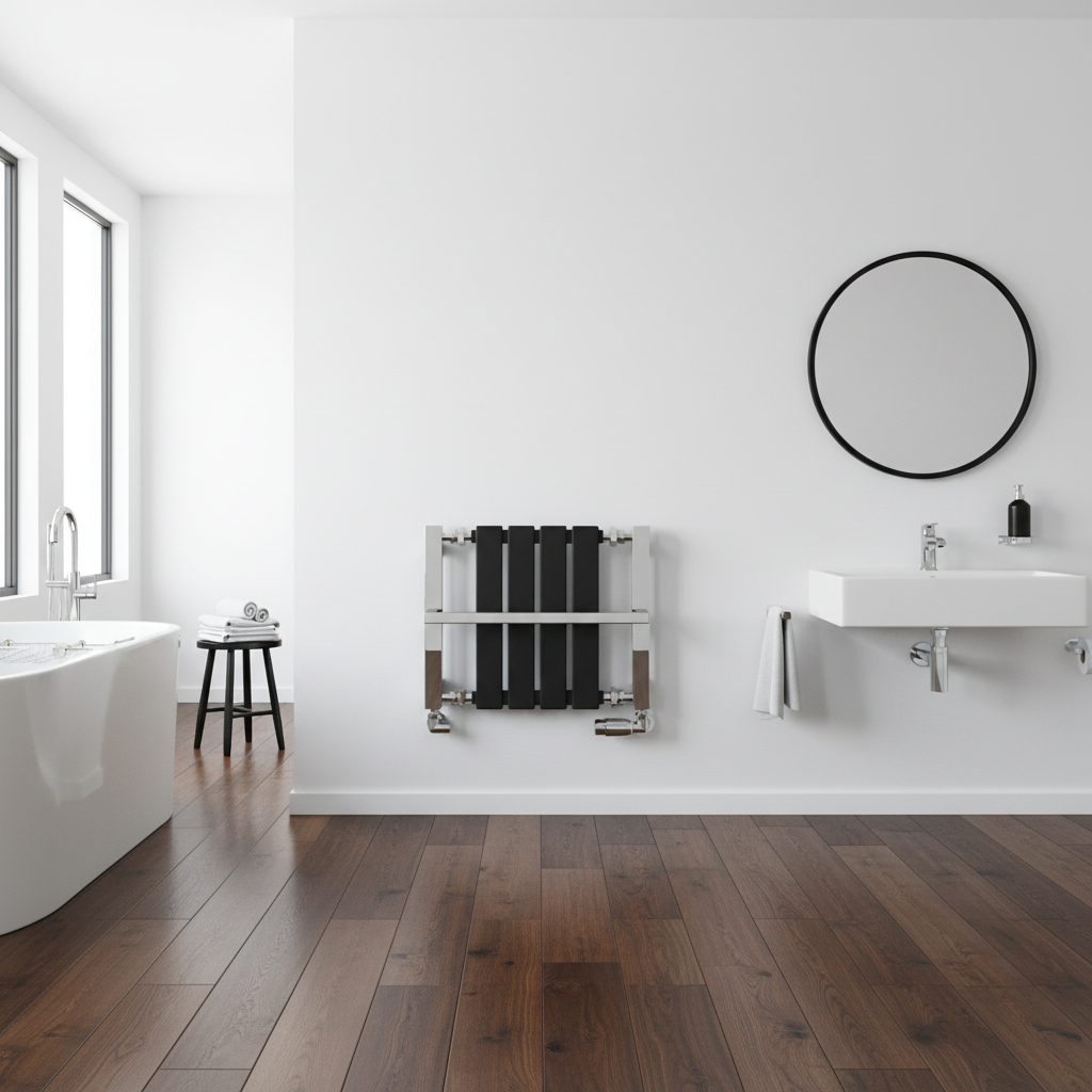 Compact radiator in complementary bathroom setting