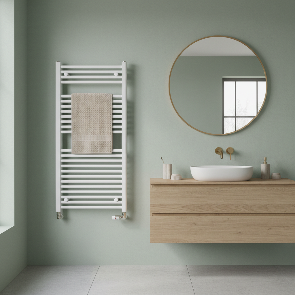 Contemporary bathroom with white towel radiator