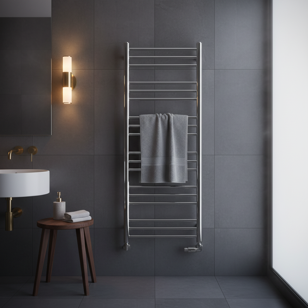 Contemporary dark bathroom with chrome towel radiator