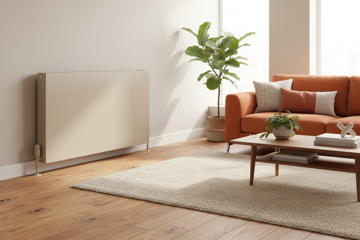 Cream radiator with wooden floors and burnt orange sofa