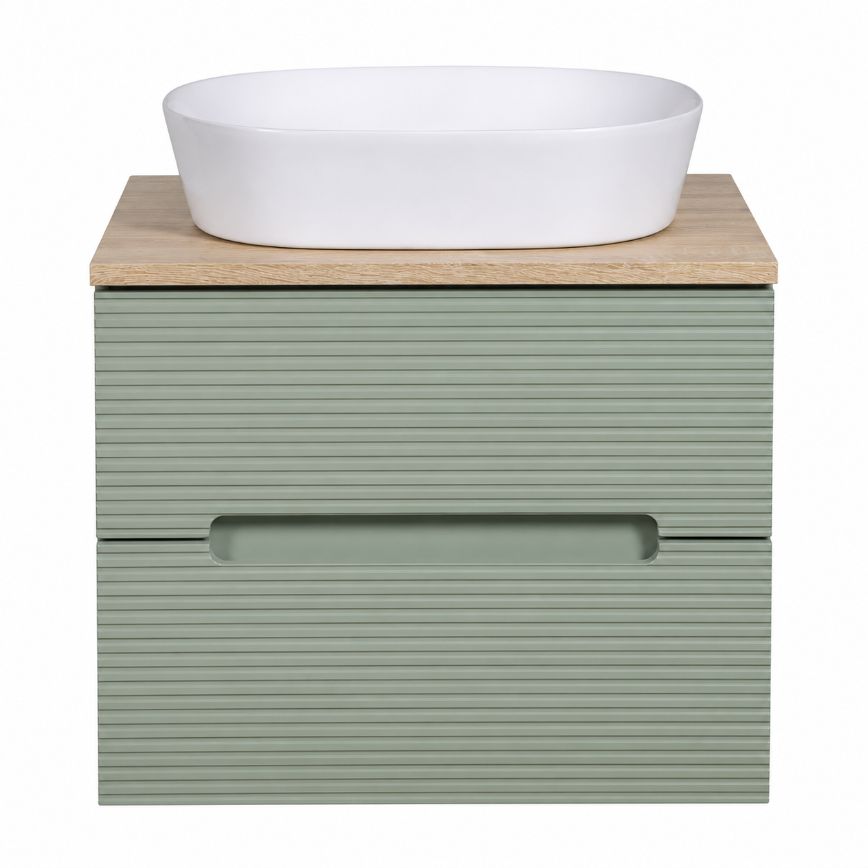 Tailored Bathrooms - Monza Fluted Wall Hung 600mm Vanity Unit & Counter Top - Aloe Green/Country Oak