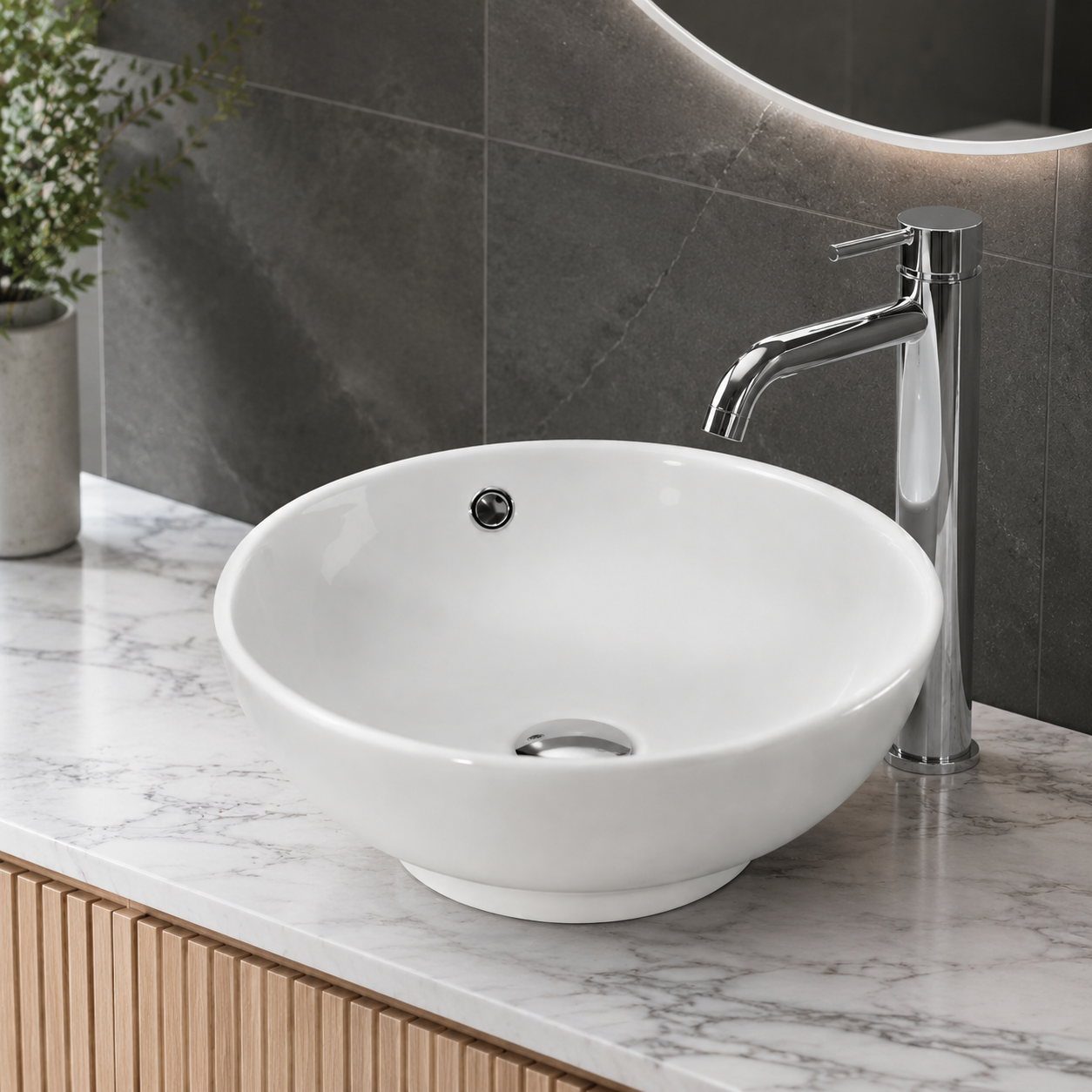 Meravo Classico 410mm Round Vessel Basin | White Vitreous China Countertop Basin