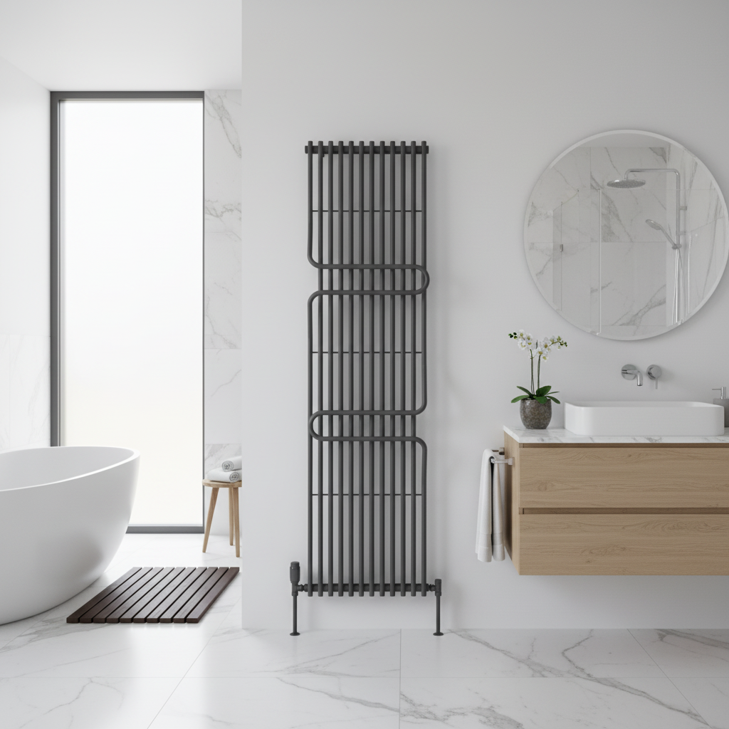 Designer radiator in bathroom setting