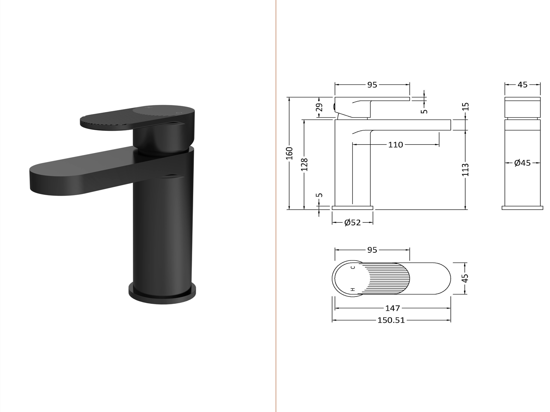 Nuie - Fluted Mono Basin Mixer Tap - Matt Black