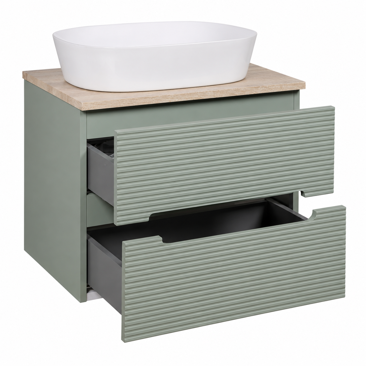 Tailored Bathrooms - Monza Fluted Wall Hung 600mm Vanity Unit & Counter Top - Aloe Green/Country Oak