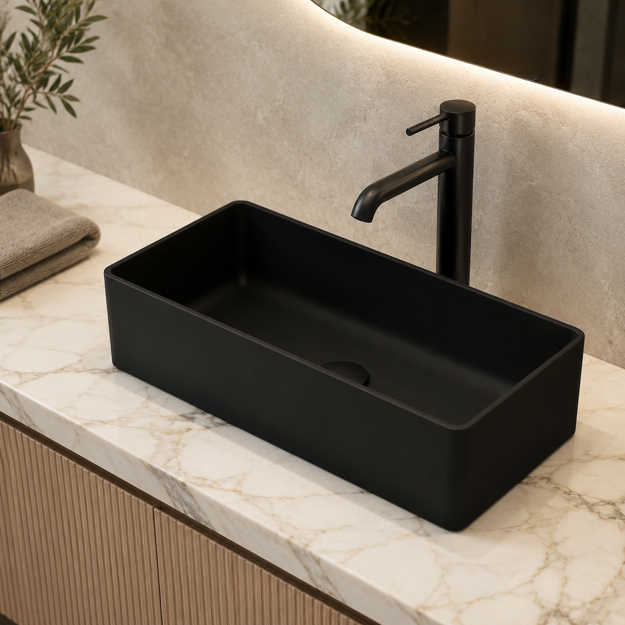 Meravo Lux Rectangular Vessel Basin | Matt Black Ceramic Countertop Basin