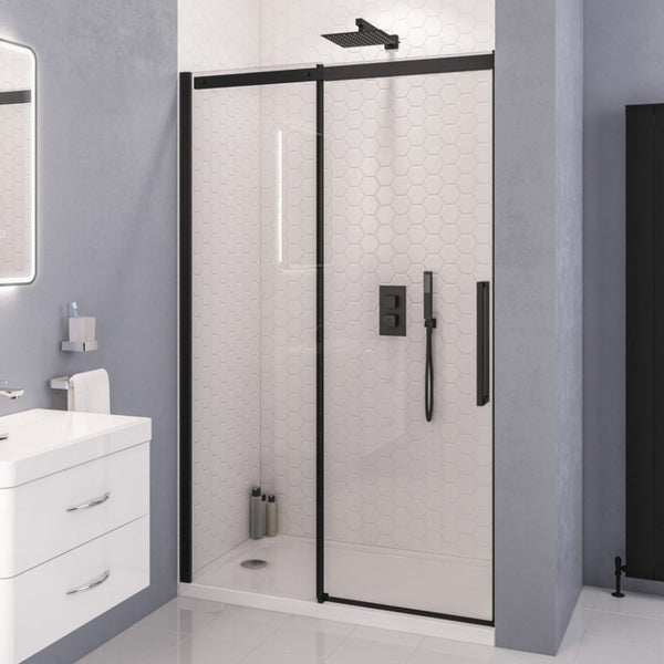 Eastbrook Corniche 8mm Glass Semi - Frameless Sliding Door 2000mm H x 1400mm W, Matt Black