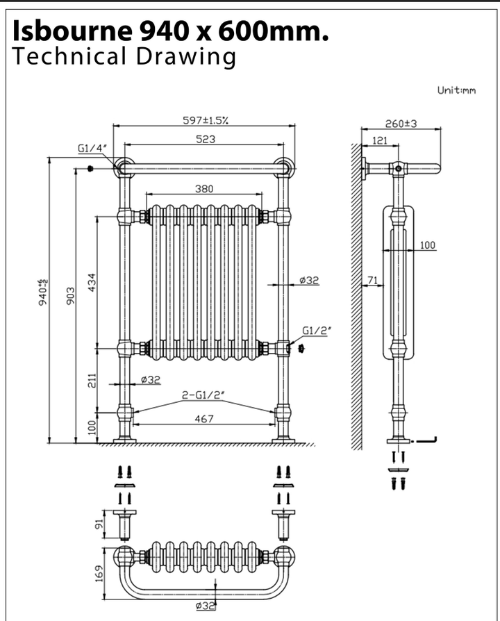 Eastbrook Isbourne Chrome Traditional Heated Towel Rail, 940mm H x 600mm W - Central Heating
