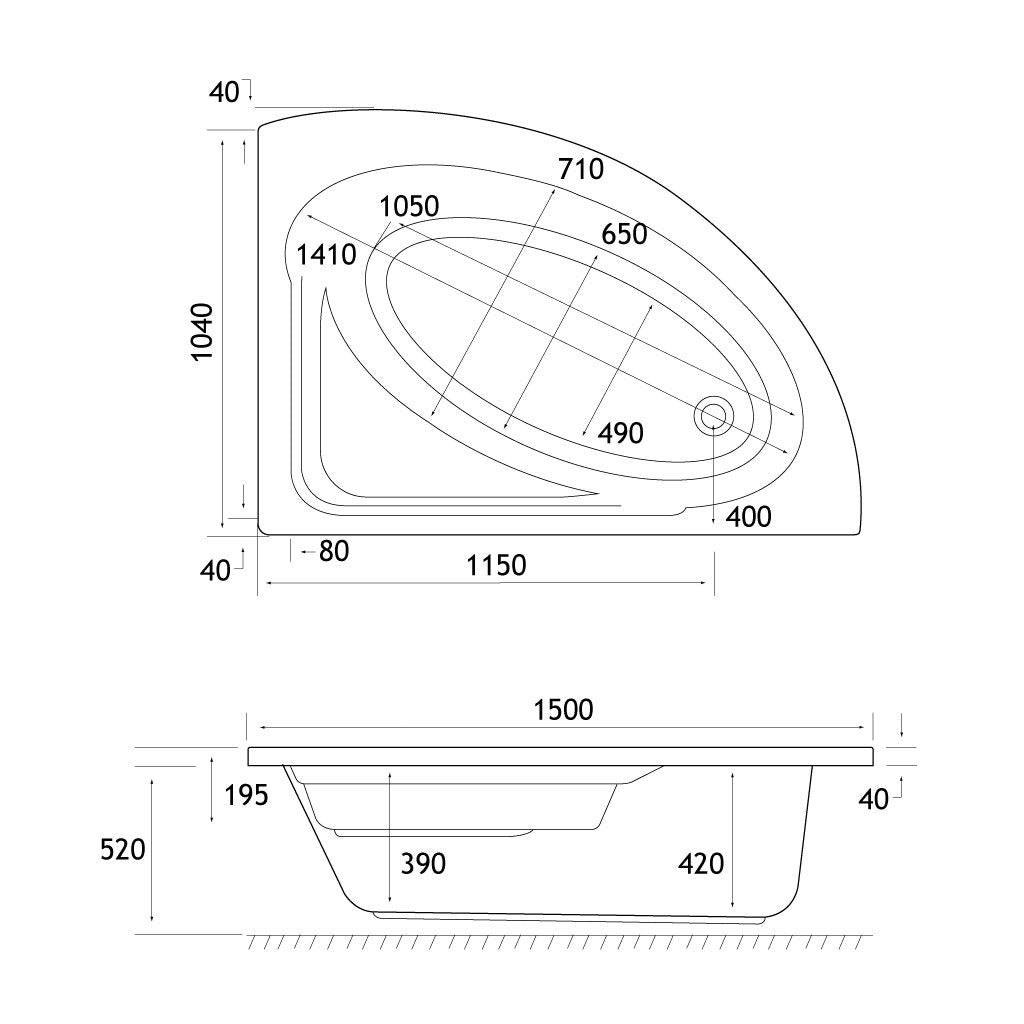 Eastbrook Lundy Left Hand Off Set Corner Beauforte Bath, 1500mm x 1040mm - White