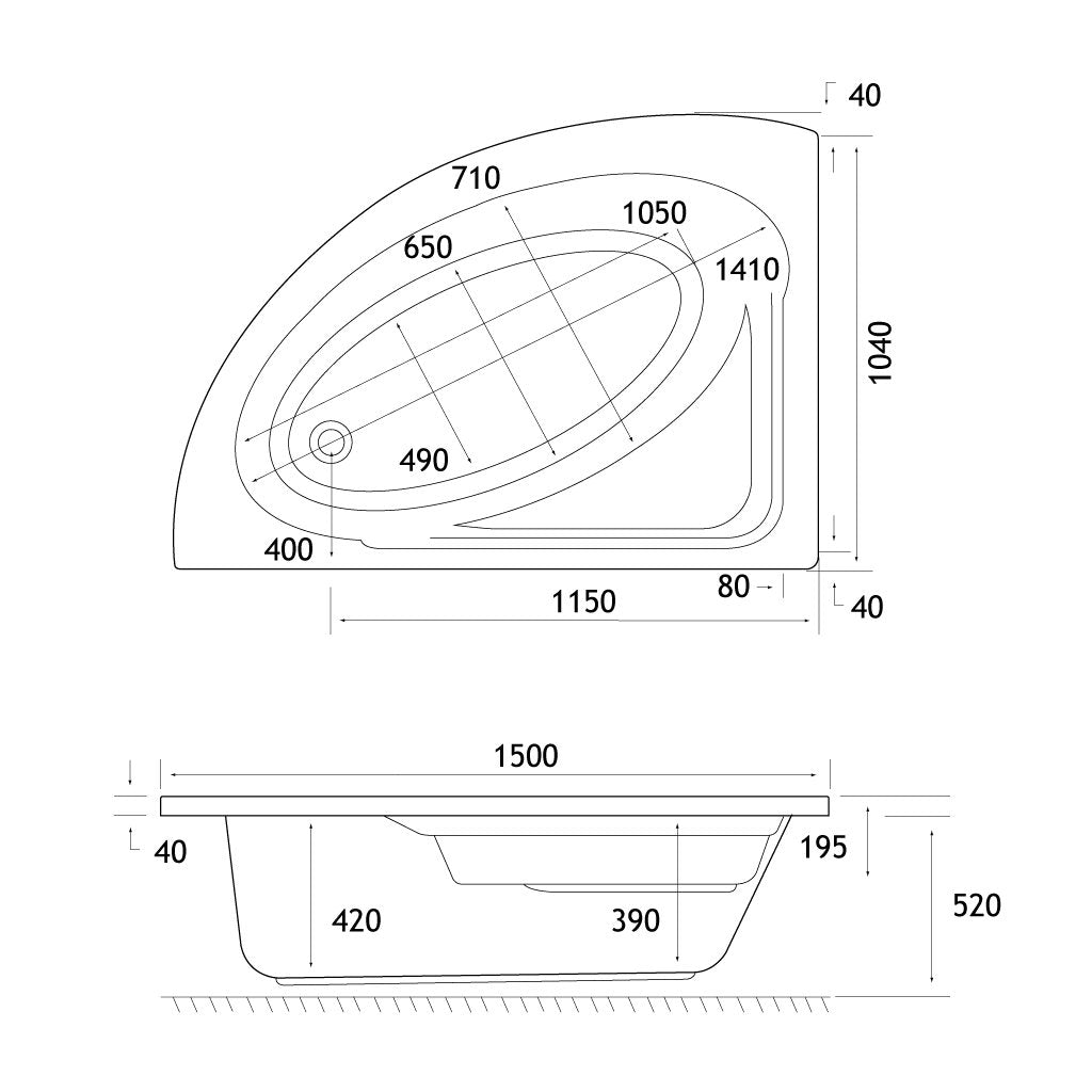 Eastbrook Lundy Right Hand Off Set Corner Beauforte Bath, 1500mm x 1040mm - White