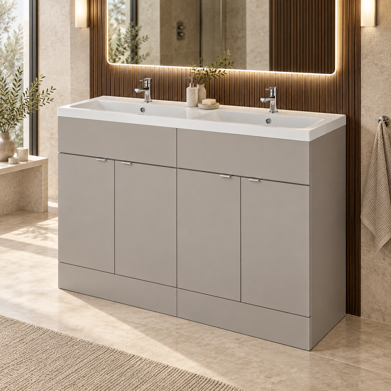 Hudson Reed Fusion 1200mm Pebble Grey 4 Door Floor Standing Vanity Unit With 2 Tap Holes Double Basin