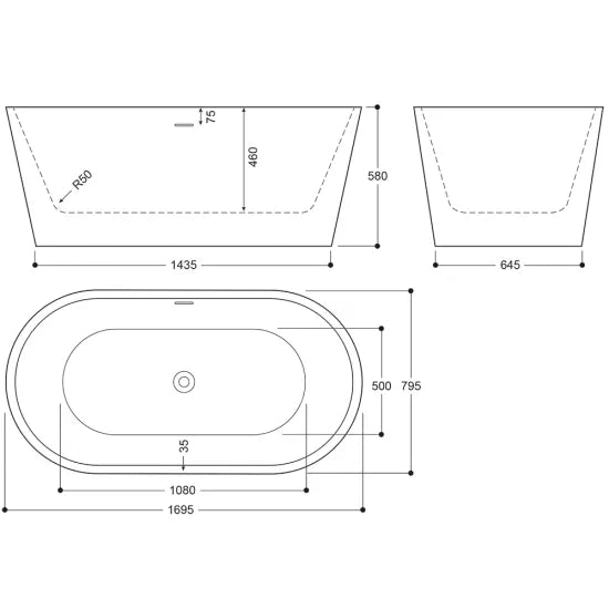Elementa 1695 x 795mm White Marble Freestanding Bath